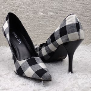 Wild Diva Black Buffalo Check Canvas Upper Pointed Toe Slip On Stiletto Heels